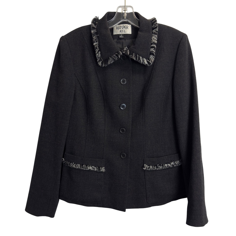 Kasper ASL Womens Charcoal Gray Wool Fringe Trim Button Front Blazer Jacket 6